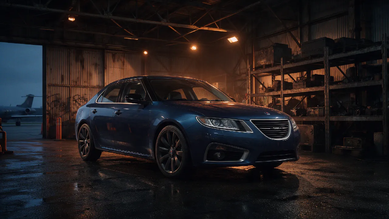 Saab 9-5 in donkere werkplaats bij schemering