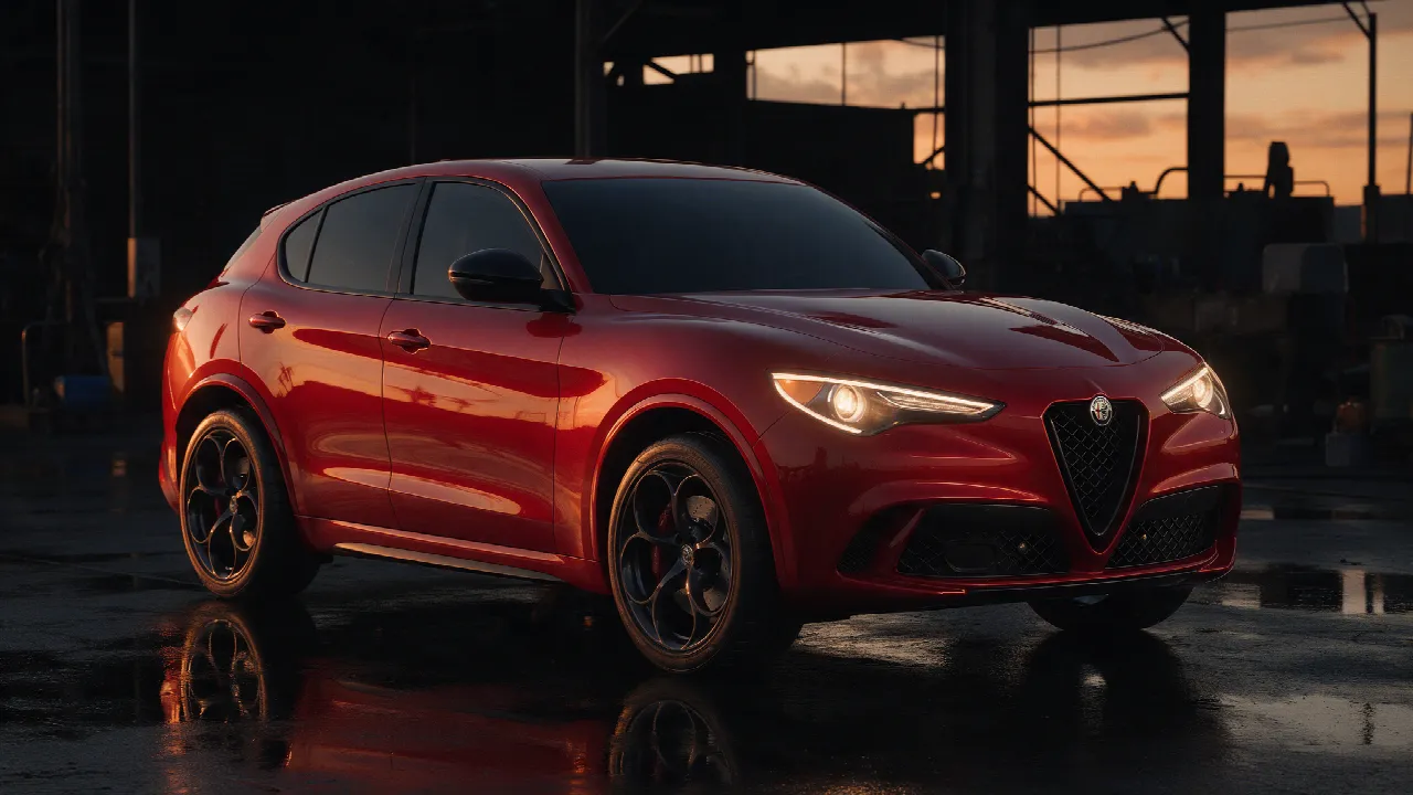 Alfa Romeo Stelvio in donkere werkplaats bij schemering