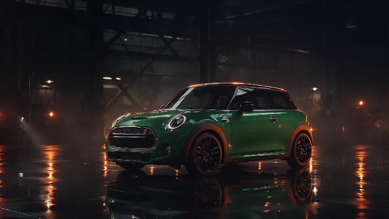 Mini Cooper S in donkere werkplaats bij schemering