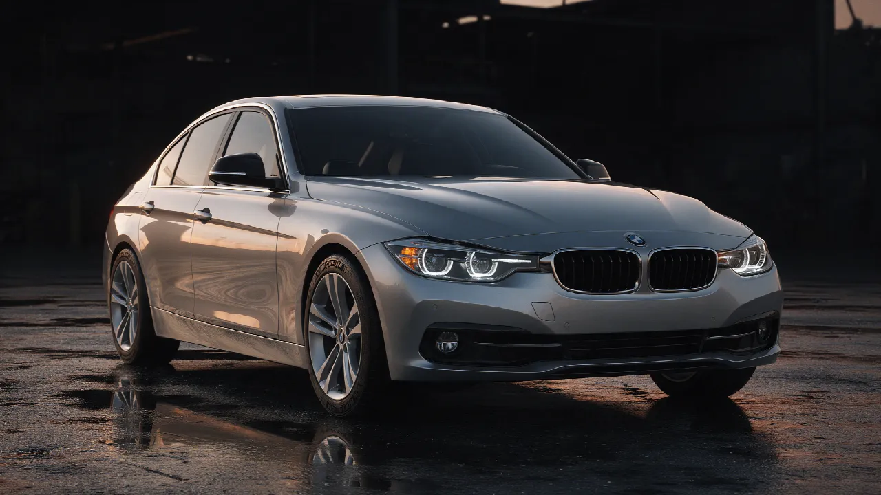BMW 320i xDrive F30 LCI in een donkere werkplaats bij schemering