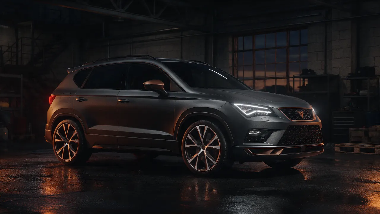 Cupra Ateca 2.0 TSI 300 pk, driekwart vooraanzicht in een donkere werkplaats