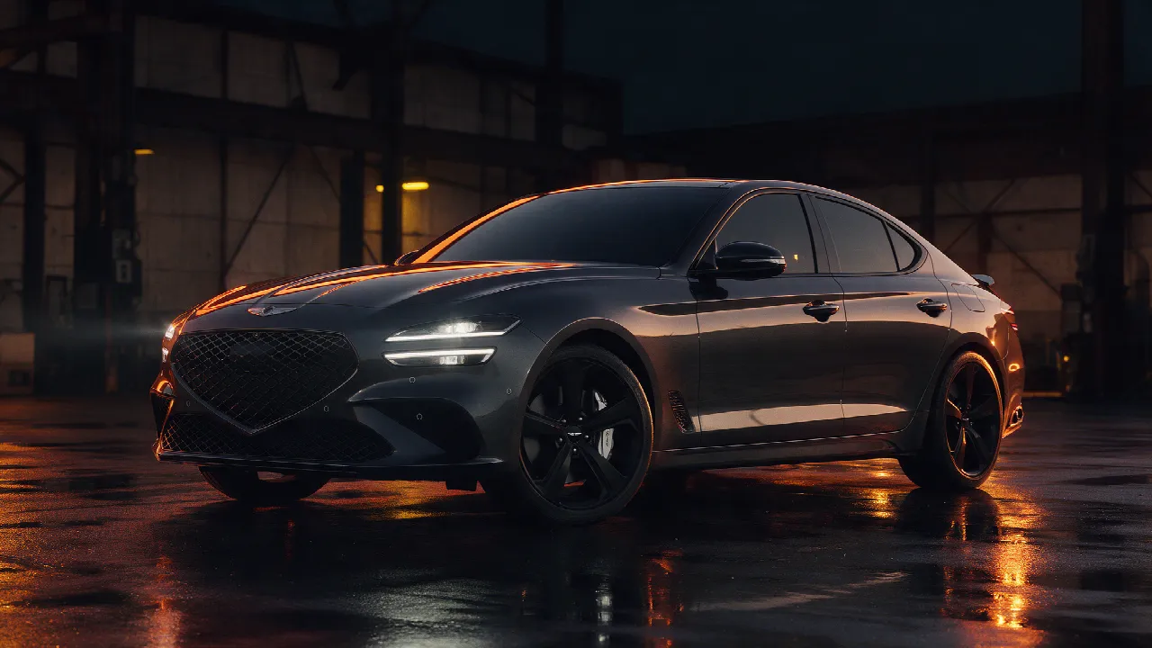 Genesis G70 2.0T sportsedan, driekwart vooraanzicht in een donkere werkplaats