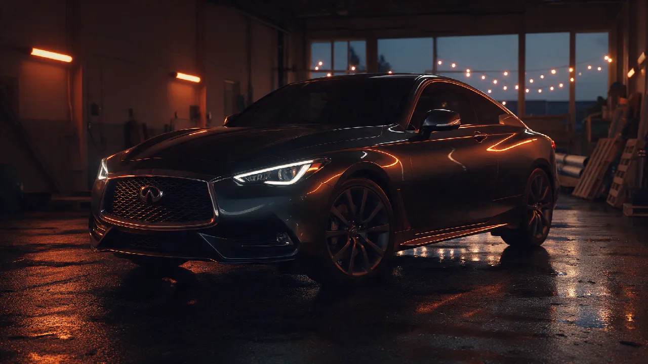 Infiniti Q60 3.0t coupe, driekwart vooraanzicht in een donkere werkplaats