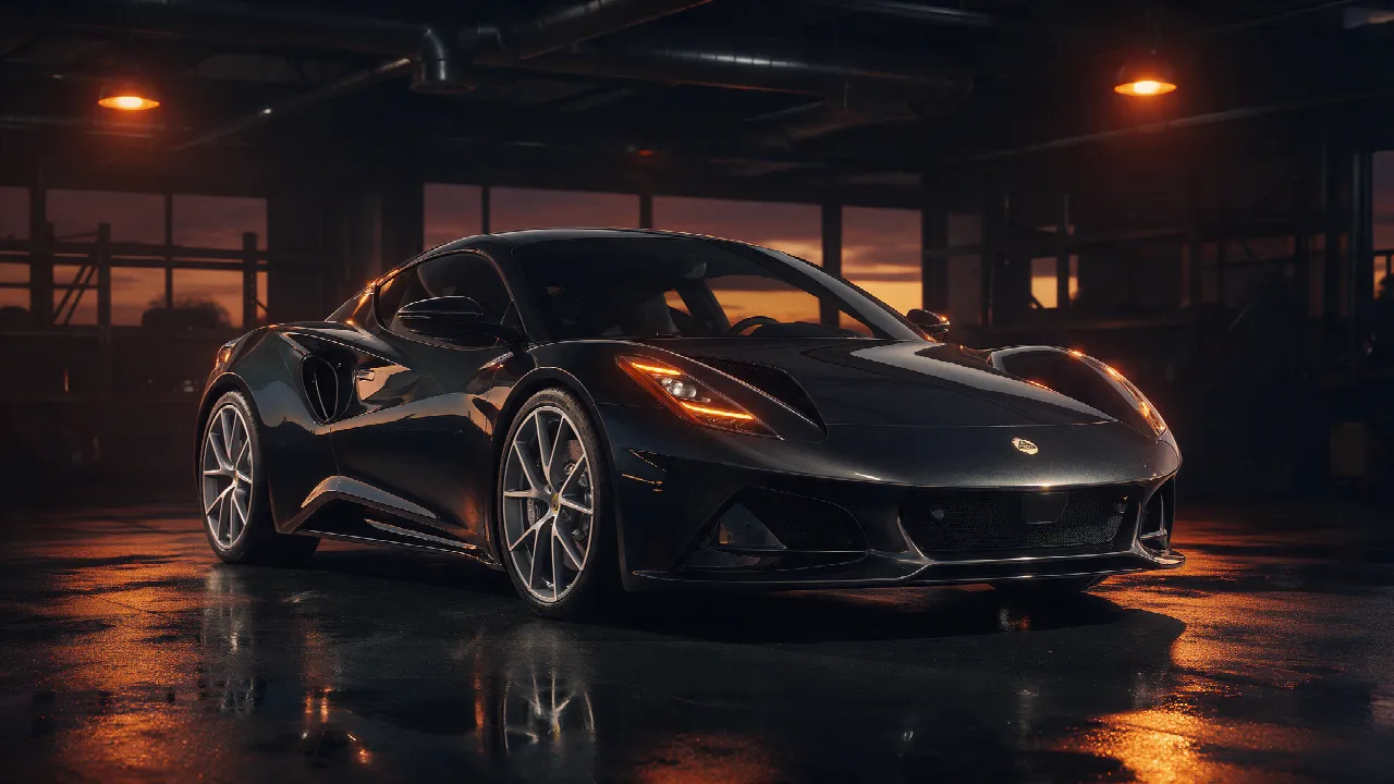 Lotus Emira 2.0T sportwagen, driekwart vooraanzicht in een donkere werkplaats