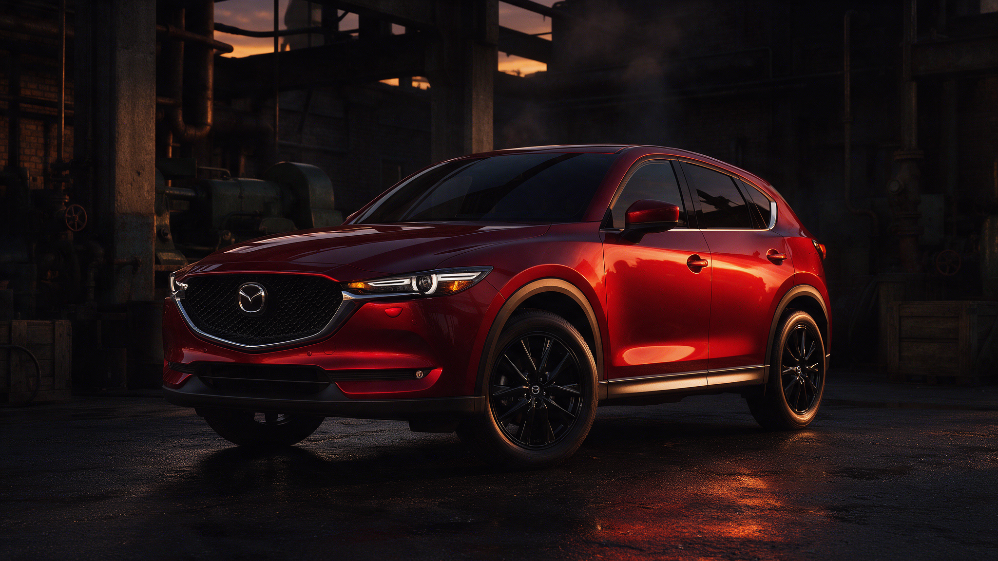 Mazda CX-5 2.2 SkyActiv-D, driekwart vooraanzicht in een donkere werkplaats