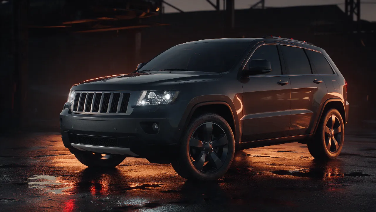 Jeep Grand Cherokee 3.0 CRD, driekwart vooraanzicht in een donkere werkplaats