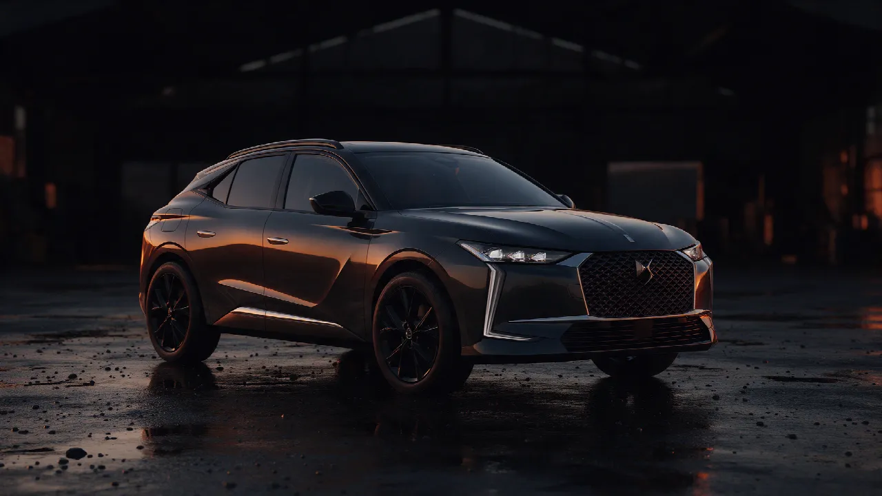 DS 4 hatchback, driekwart vooraanzicht in een donkere werkplaats
