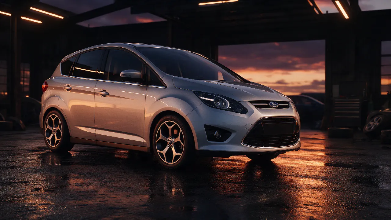 Ford C-Max in een donkere werkplaats bij schemering