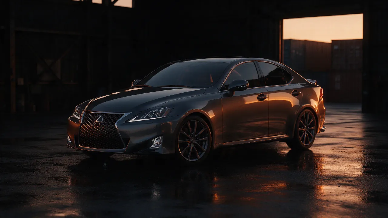 Lexus IS 200d sedan, driekwart vooraanzicht in een donkere werkplaats