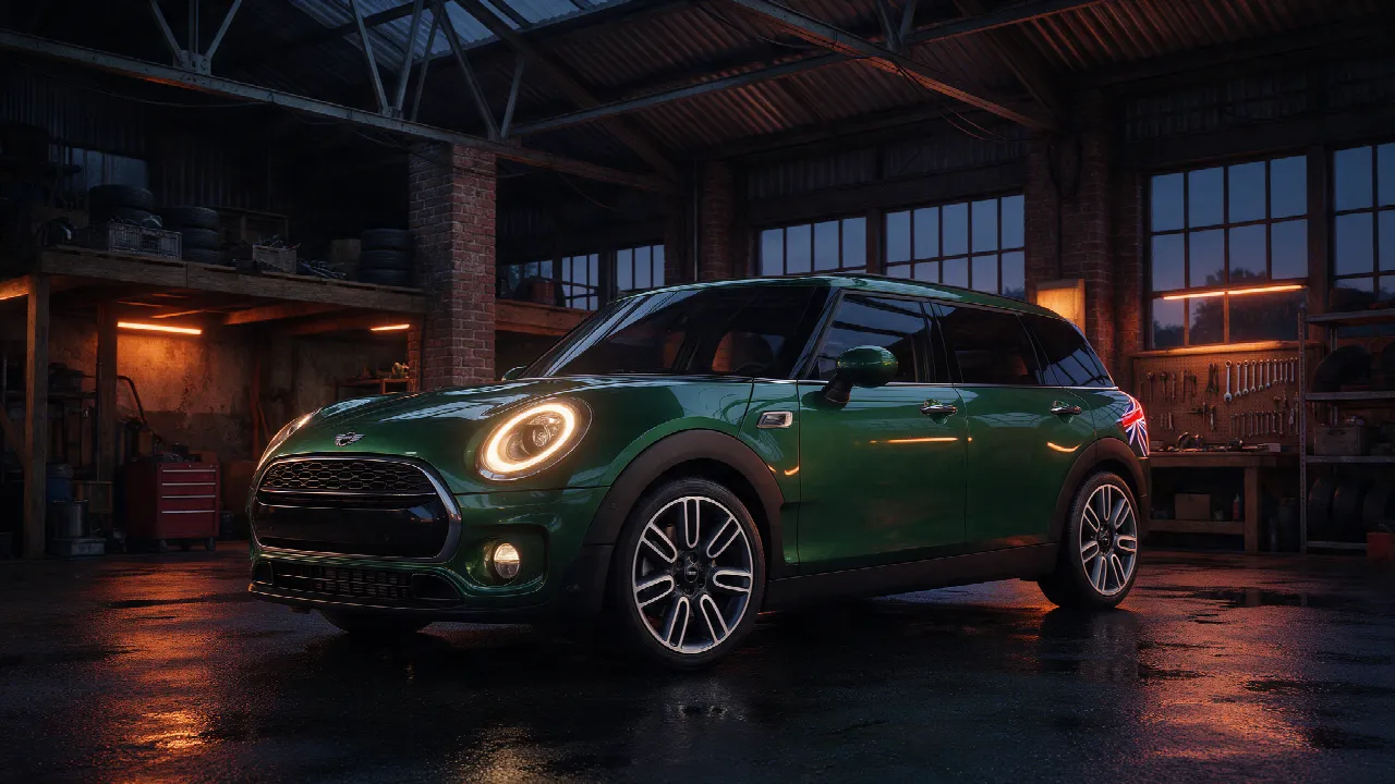 Mini Clubman in een donkere werkplaats bij schemering