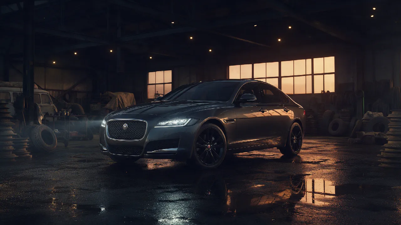 Jaguar XF in een donkere werkplaats bij schemering