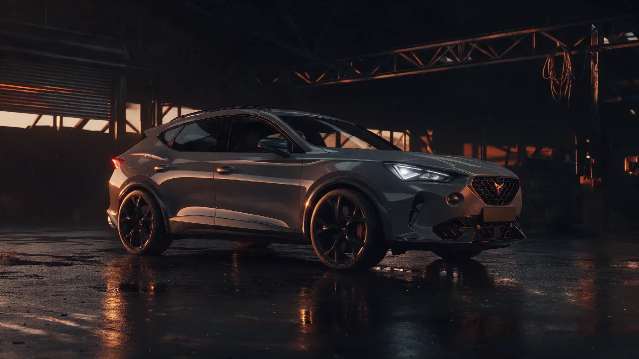 Cupra Formentor VZ5 in een donkere werkplaats bij schemering
