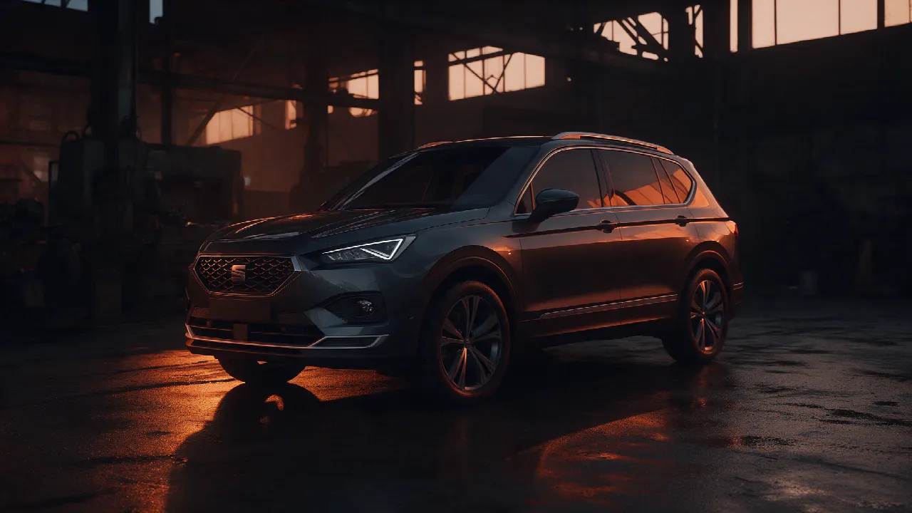 Seat Tarraco SUV in een donkere werkplaats bij schemering