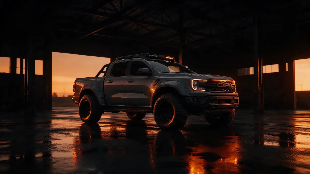 Ford Ranger Raptor pickup in een donkere werkplaats bij schemering