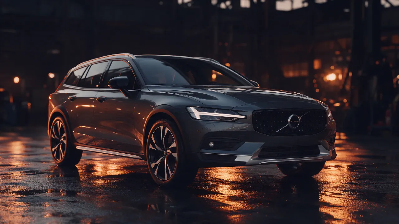 Volvo V60 Cross Country in een donkere werkplaats bij schemering