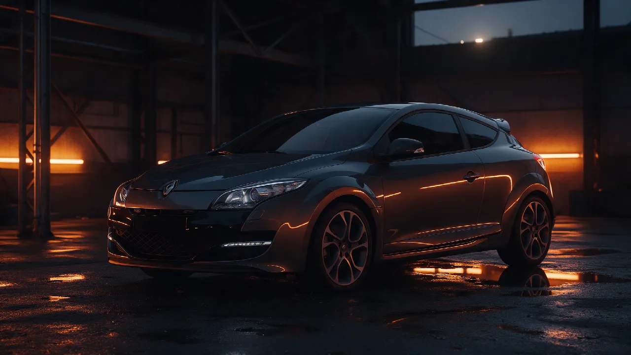 Renault Megane III GT in een donkere werkplaats bij schemering