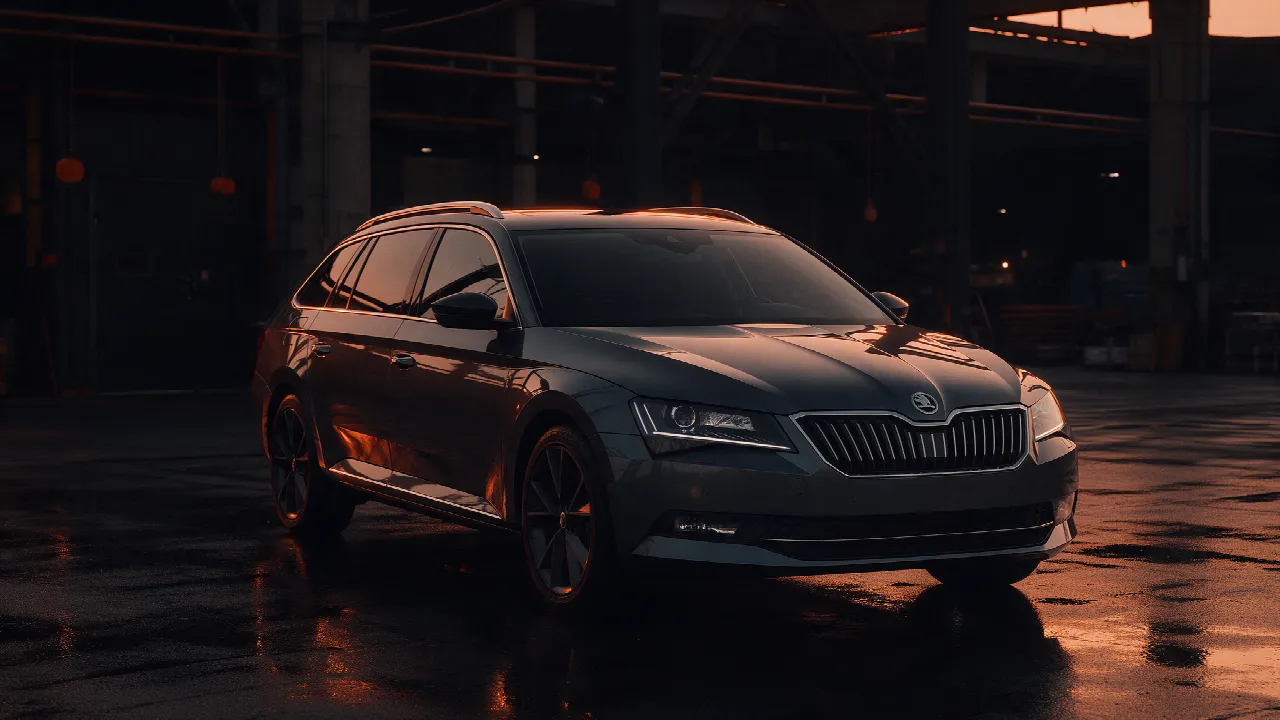 Skoda Superb Combi in een donkere werkplaats bij schemering