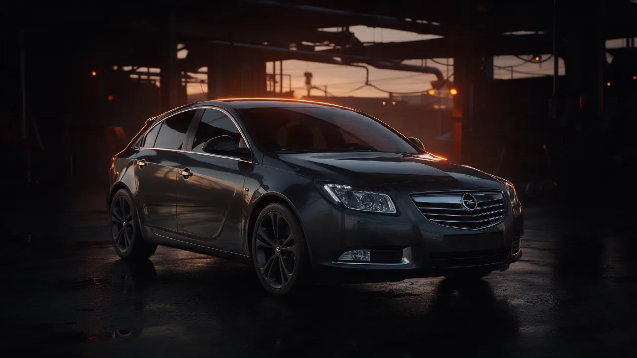 Opel Insignia eerste generatie in een donkere werkplaats bij schemering