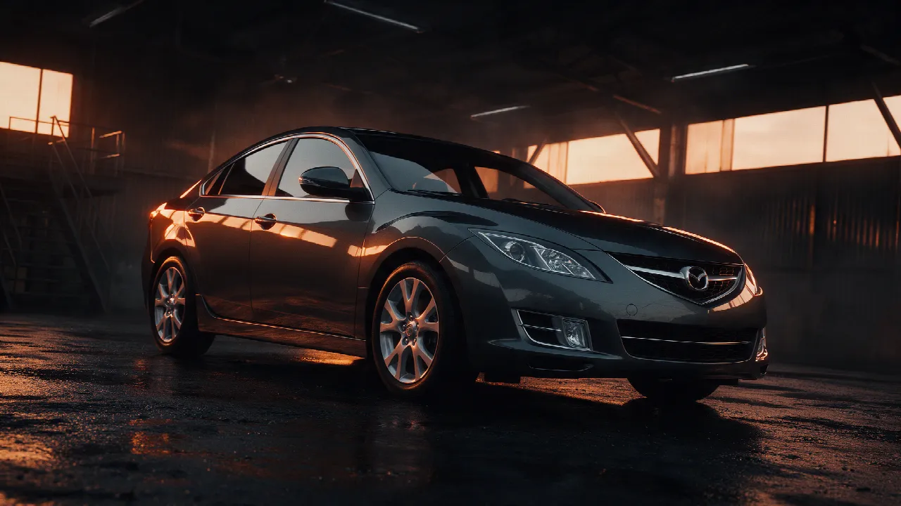 Mazda 6 sedan in een donkere werkplaats bij schemering
