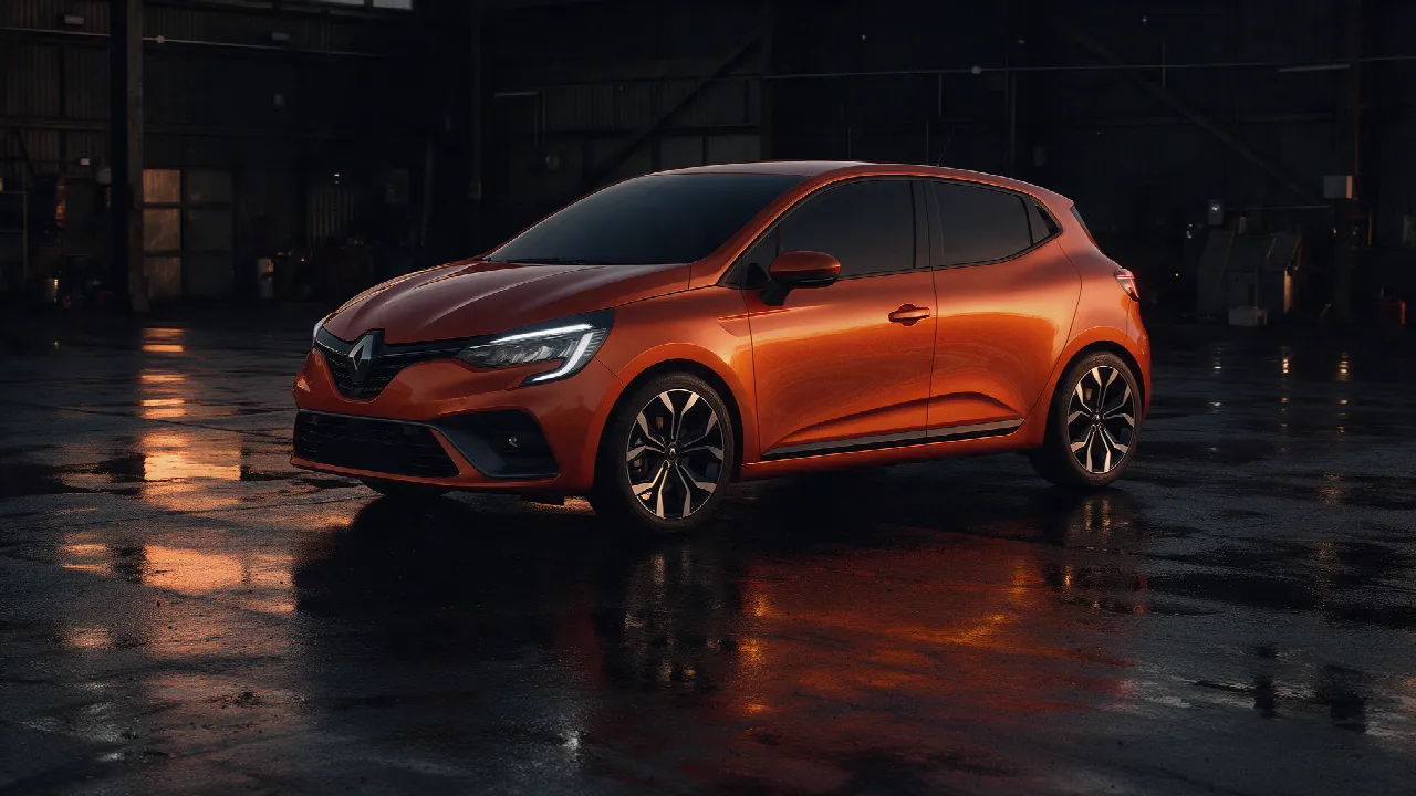 Renault Clio in een donkere werkplaats bij schemering