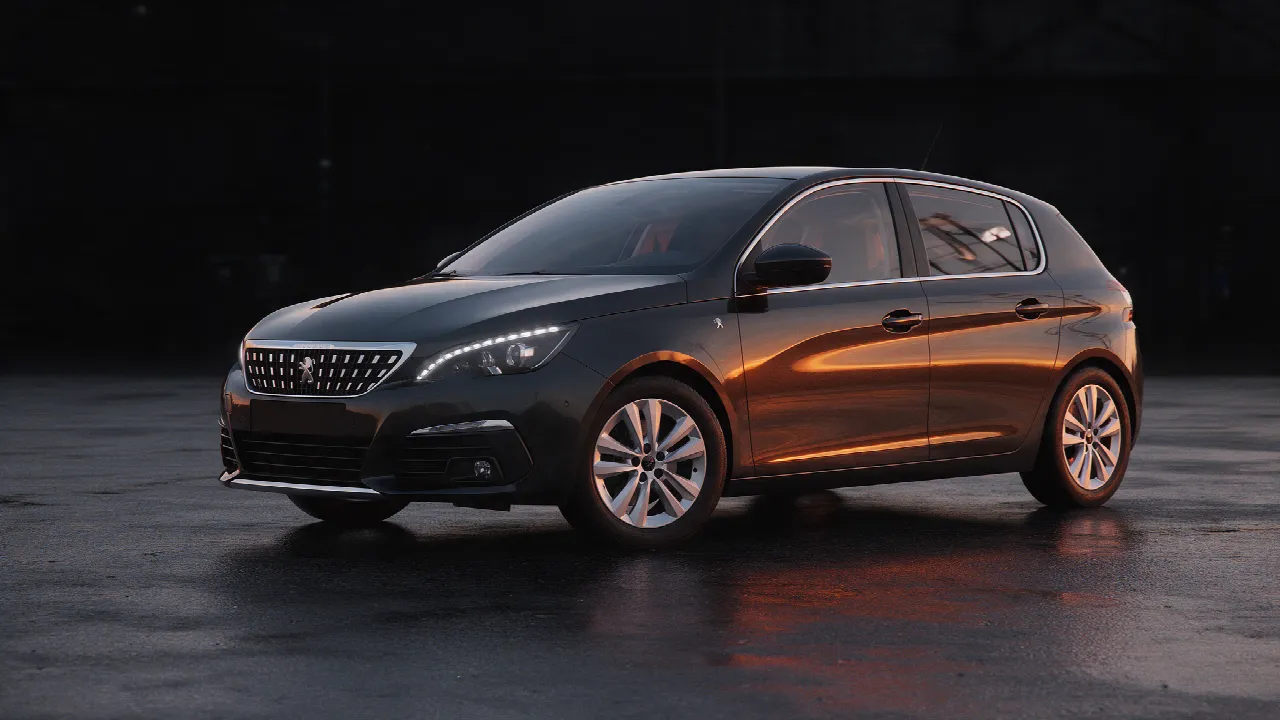 Peugeot 308 hatchback in een donkere werkplaats bij schemering