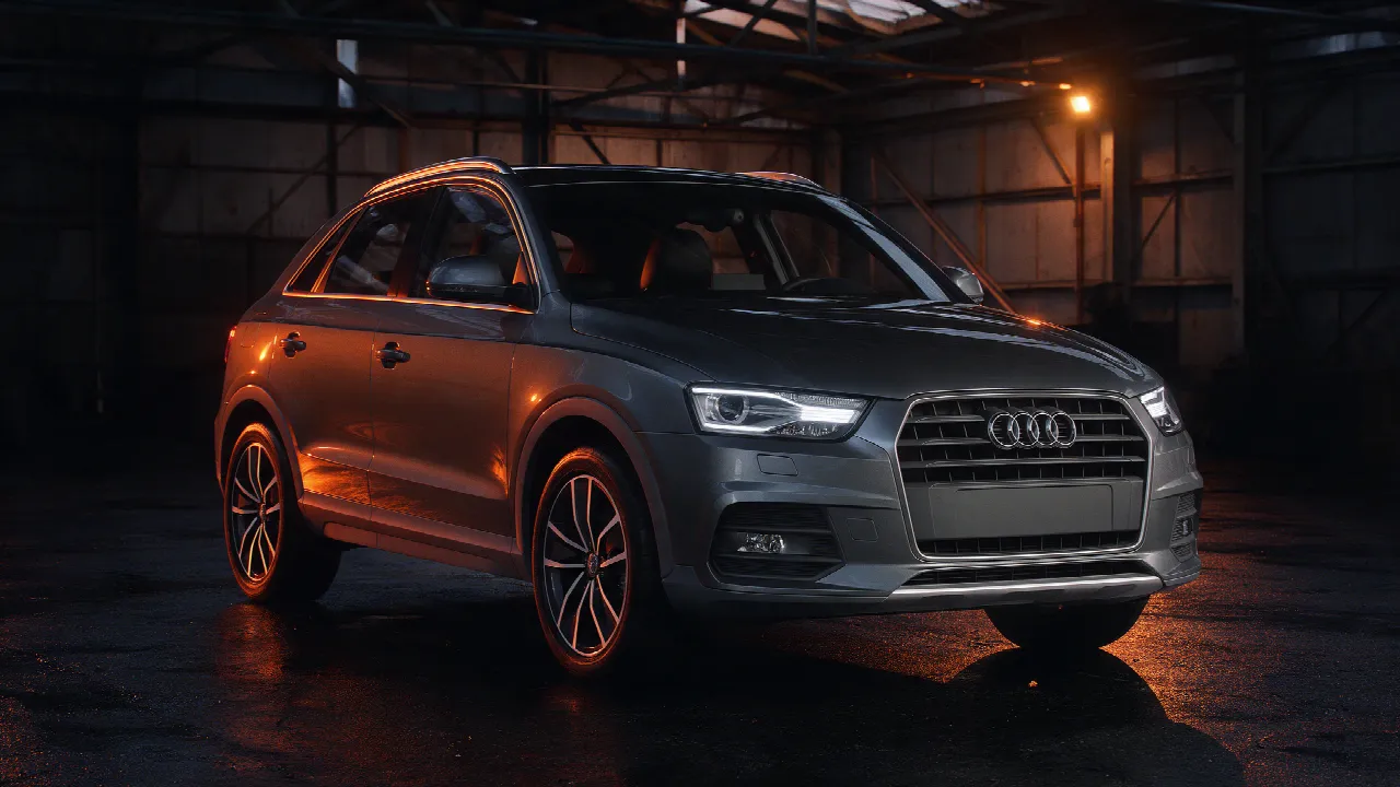 Audi Q3 8U 2.0 TFSI in Daytona grijs, driekwart vooraanzicht in een donkere werkplaats