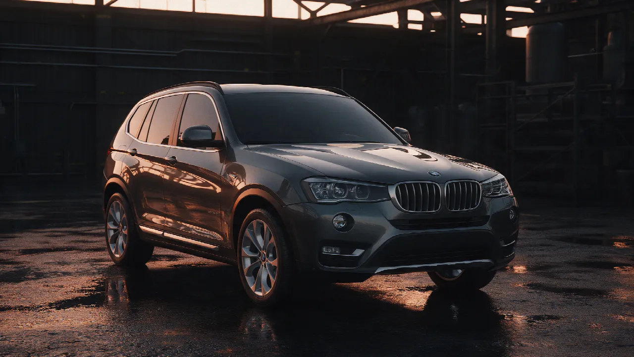 BMW X3 F25 xDrive20i in donkergrijs, driekwart vooraanzicht in een donkere werkplaats