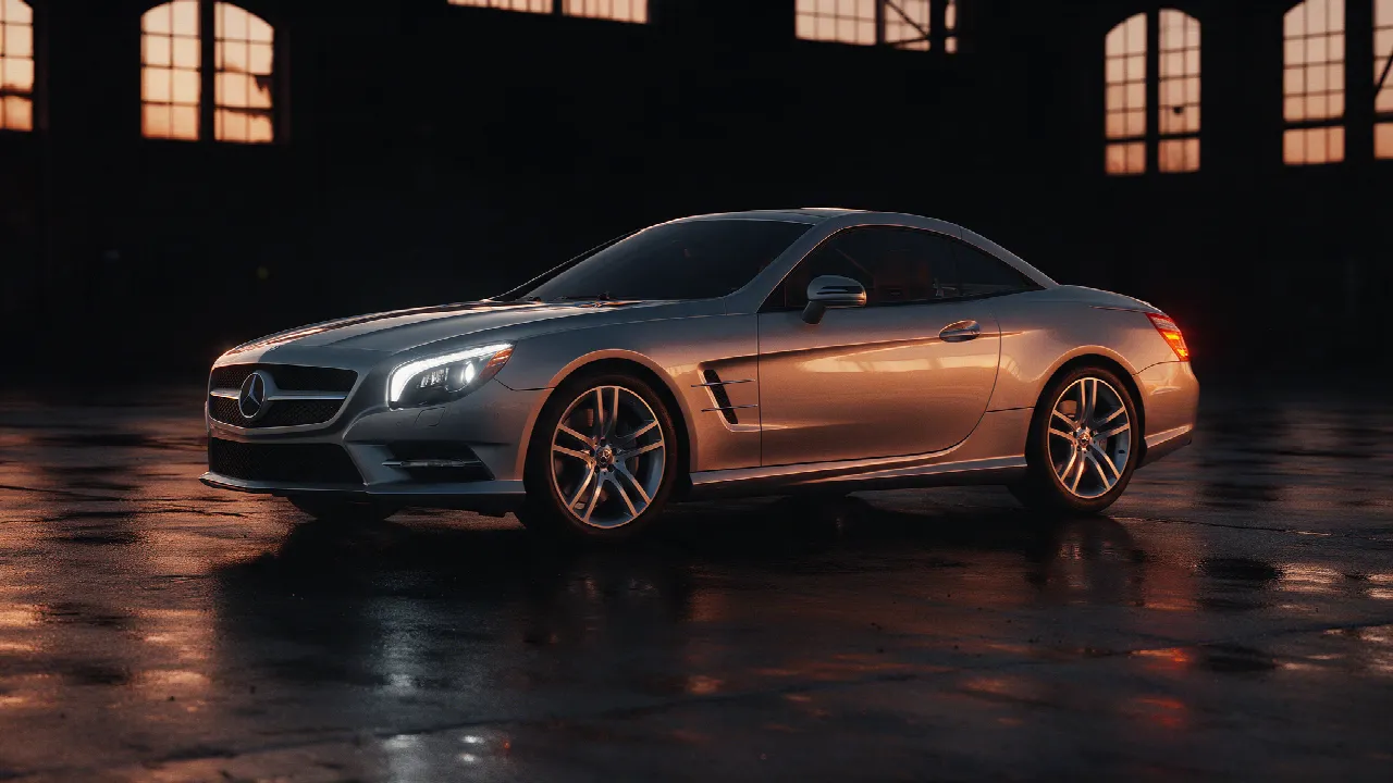 Mercedes-Benz SL 400 R231 in zilver, driekwart vooraanzicht in een donkere werkplaats