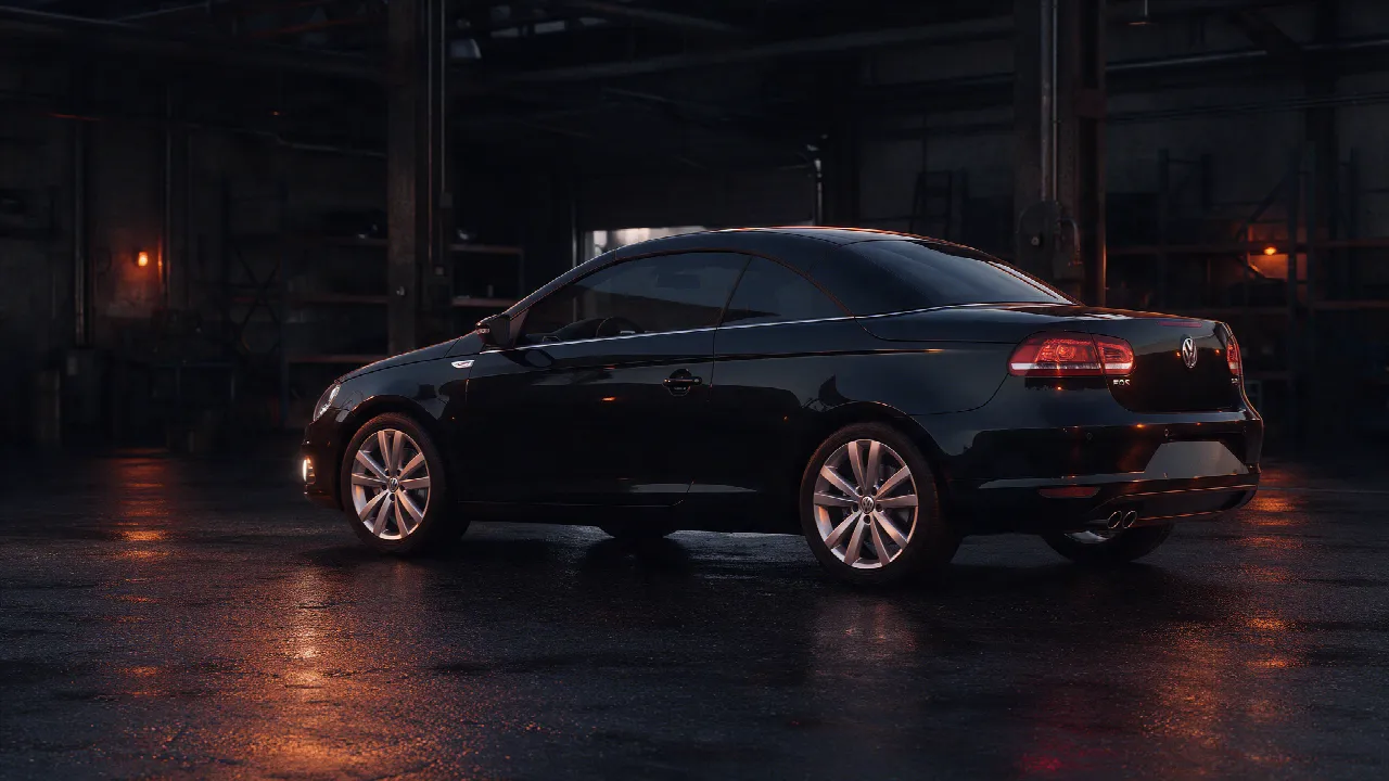 Volkswagen Eos coupe-cabriolet in zwart, driekwart vooraanzicht in een donkere werkplaats
