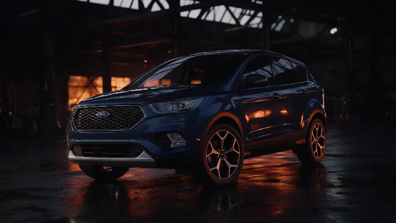Ford Kuga in donkerblauw metallic, driekwart vooraanzicht in een donkere werkplaats