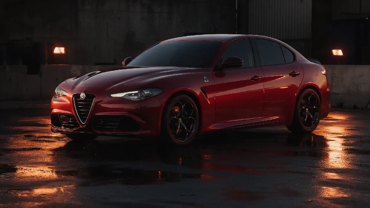 Alfa Romeo Giulia Veloce in Alfa-rood in een donkere werkplaats