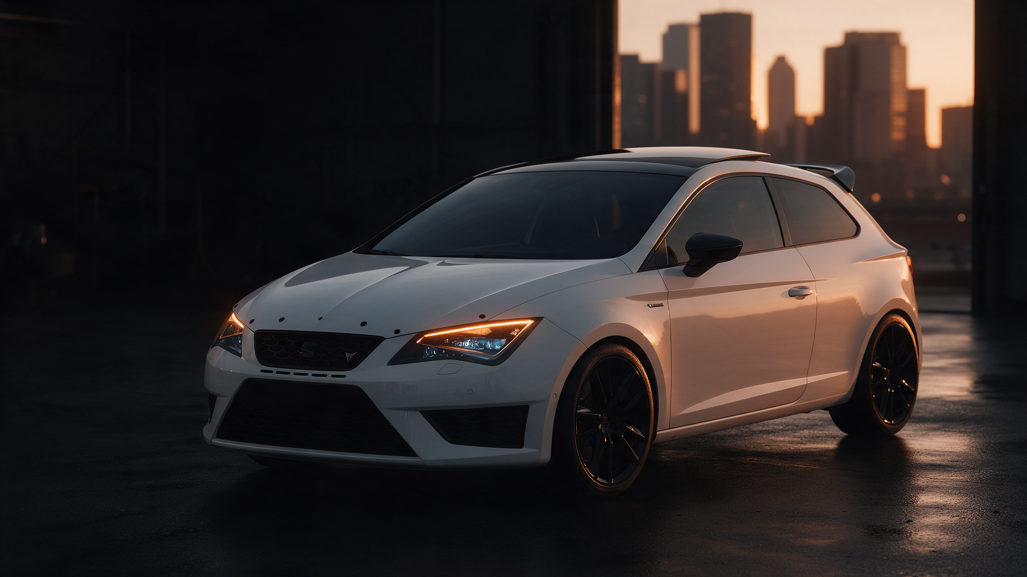 Seat Leon Cupra 265 in wit in een donkere werkplaats
