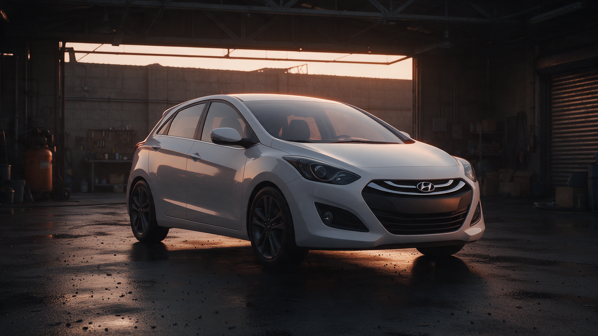 Hyundai i30 in een donkere werkplaats bij schemering