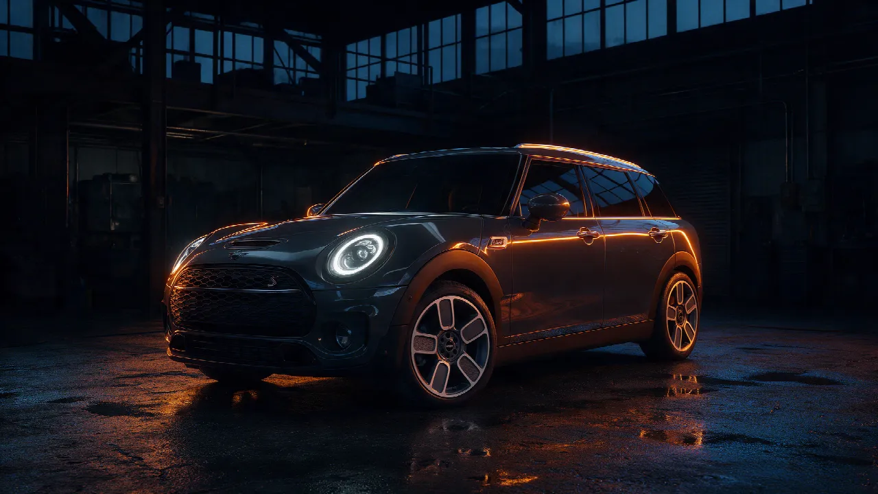 Mini Clubman Cooper S in donkergrijs in een donkere werkplaats