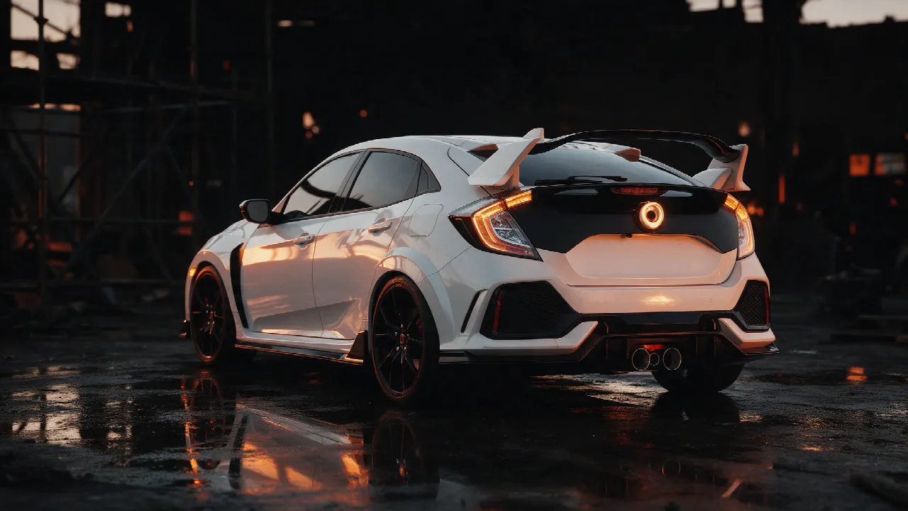 Honda Civic Type R in wit in een donkere werkplaats