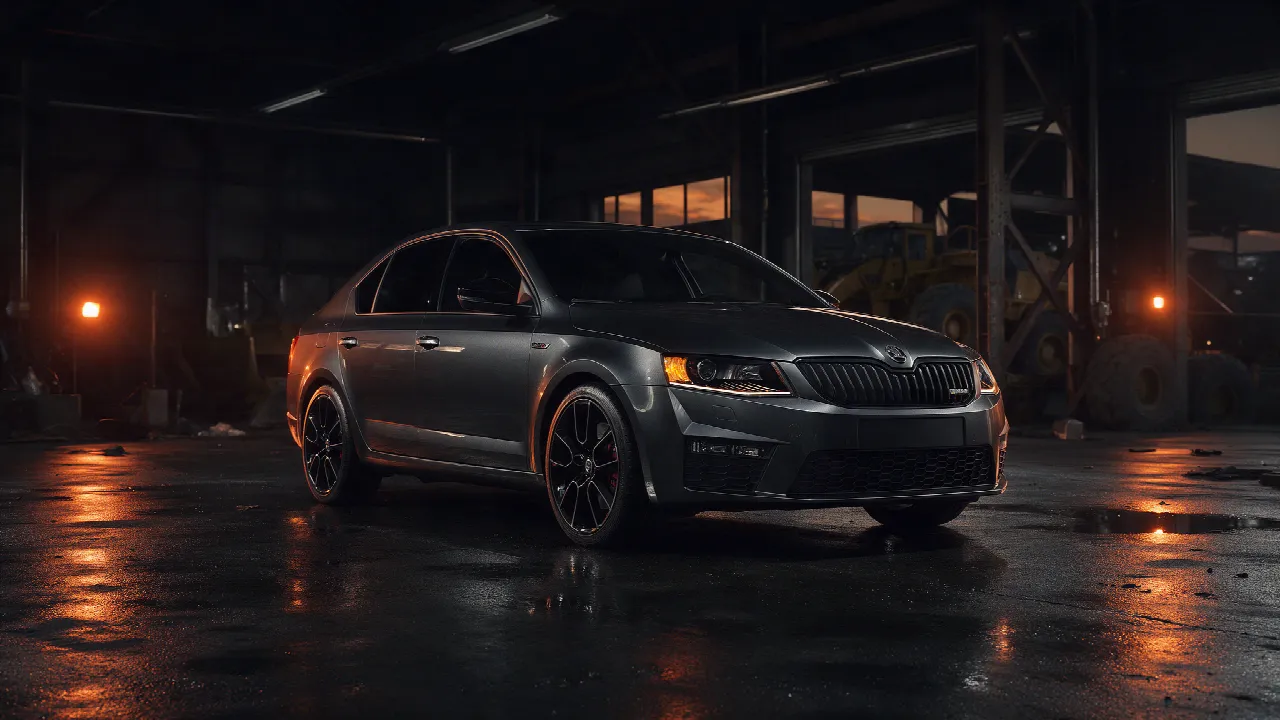 Skoda Octavia vRS in donkergrijs in een donkere werkplaats
