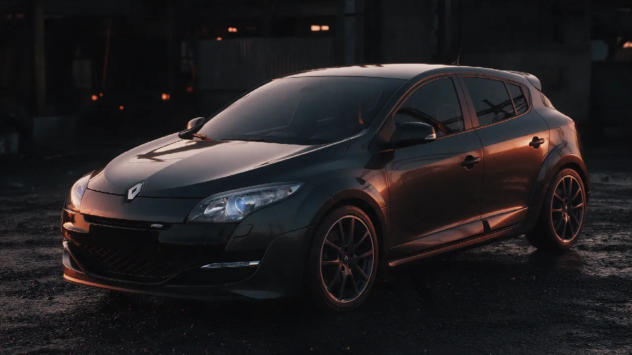Renault Megane GT in donkergrijs in een donkere werkplaats