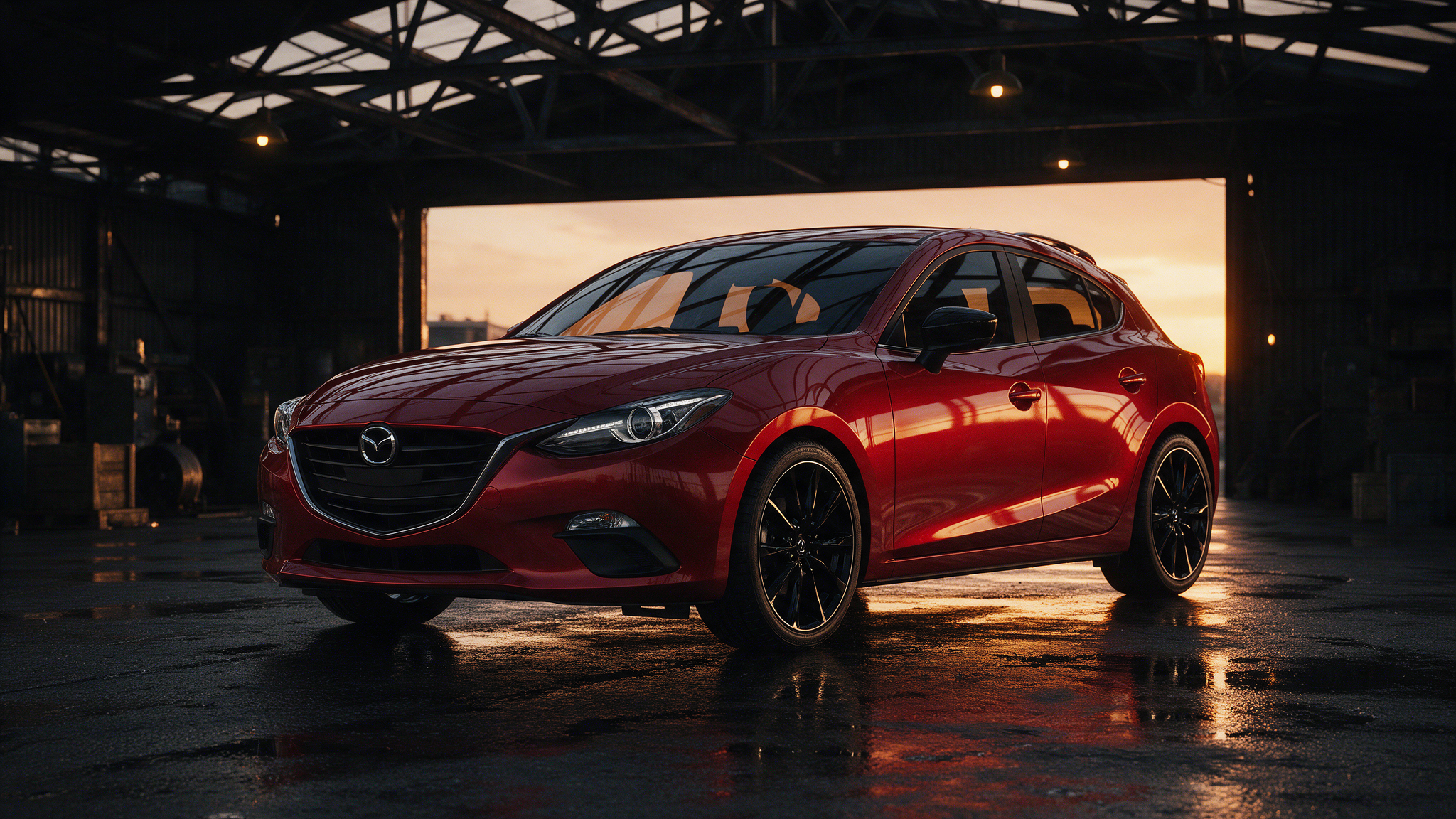 Mazda 3 in Soul Red in een donkere werkplaats