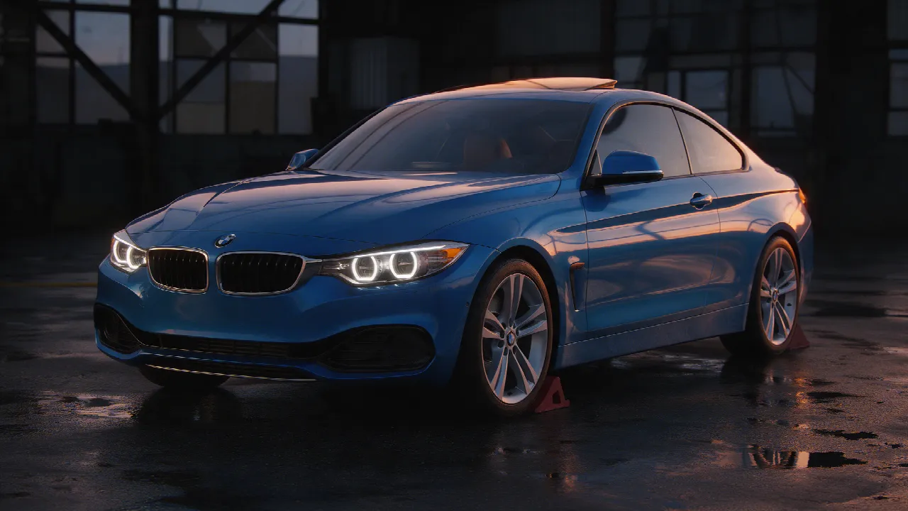 Estorilblauwe BMW 420i coupe in een donkere werkplaats
