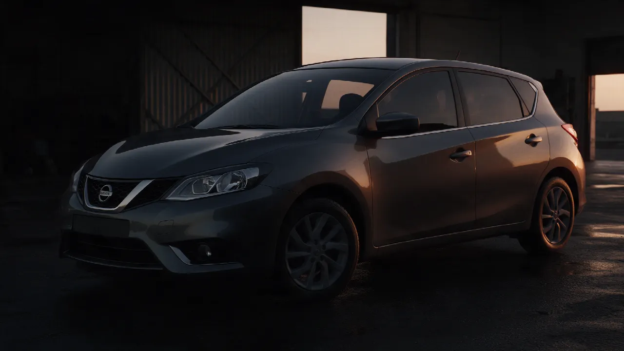 Donkergrijze Nissan Pulsar in een donkere werkplaats
