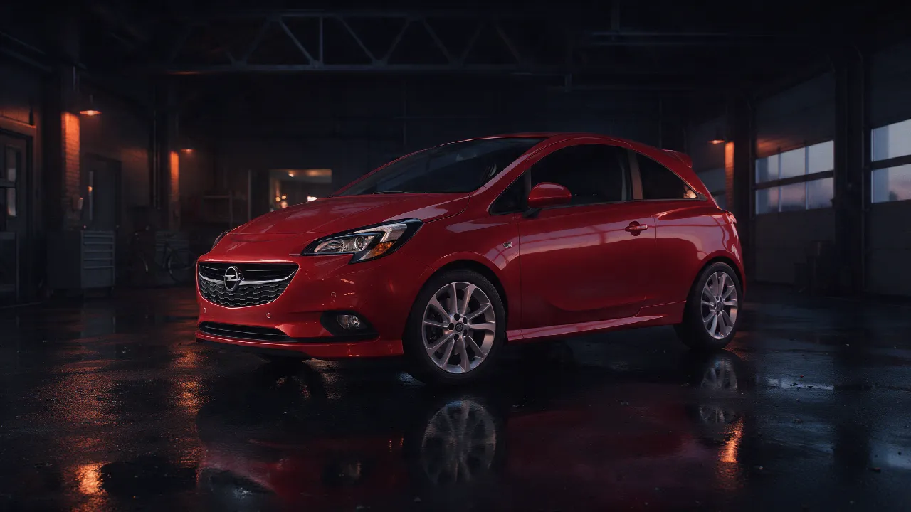 Opel Corsa in een donkere werkplaats bij schemering