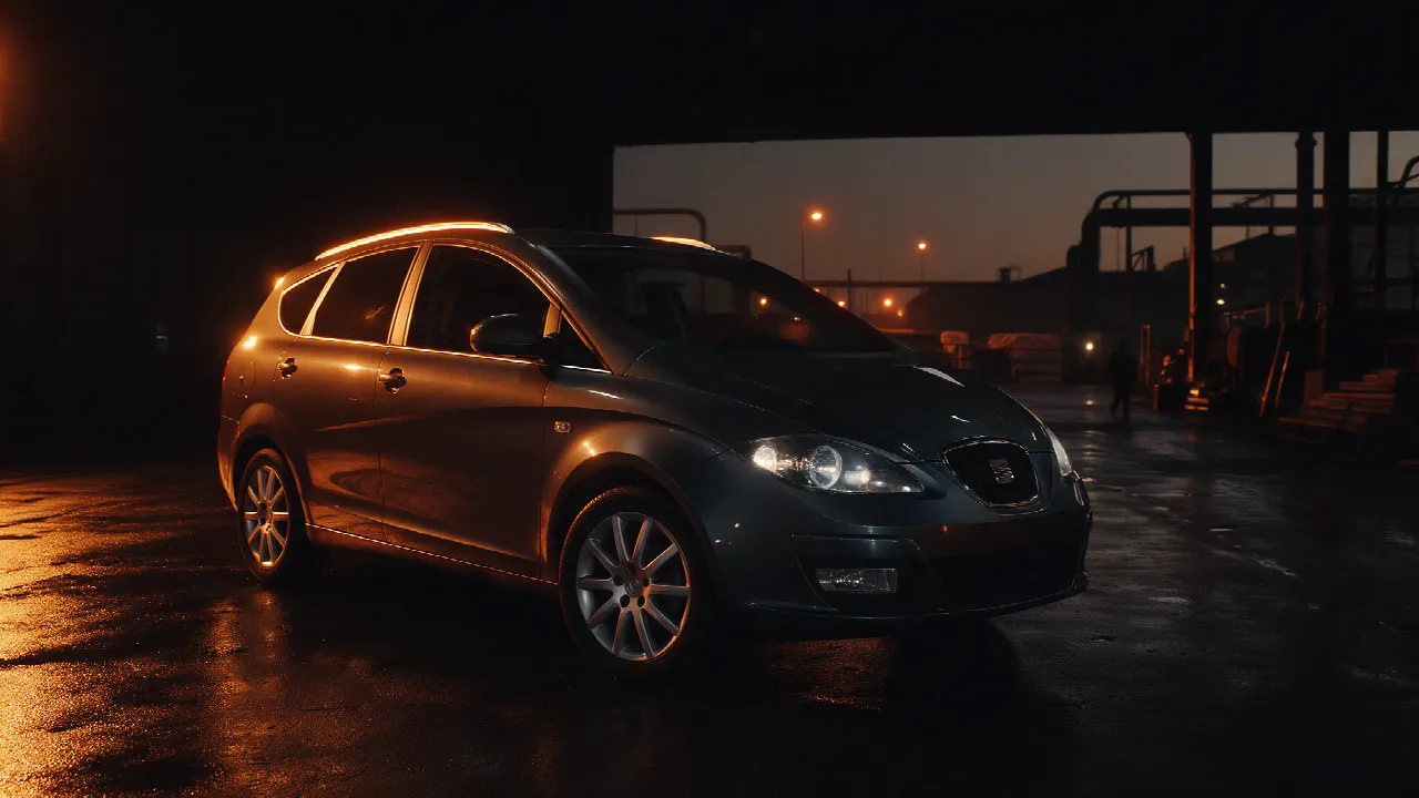 Donkergrijze Seat Altea XL in een donkere werkplaats