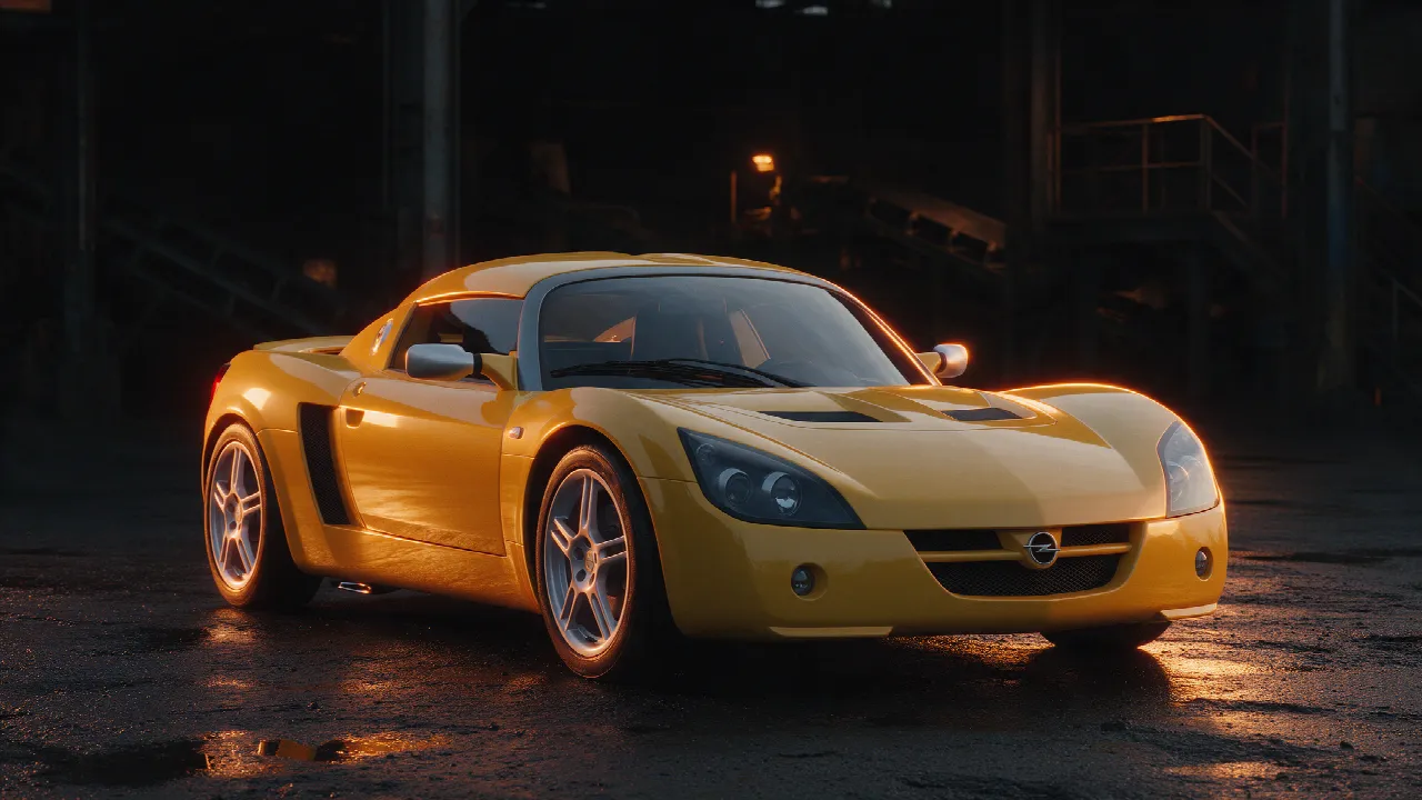 Gele Opel Speedster in een donkere werkplaats