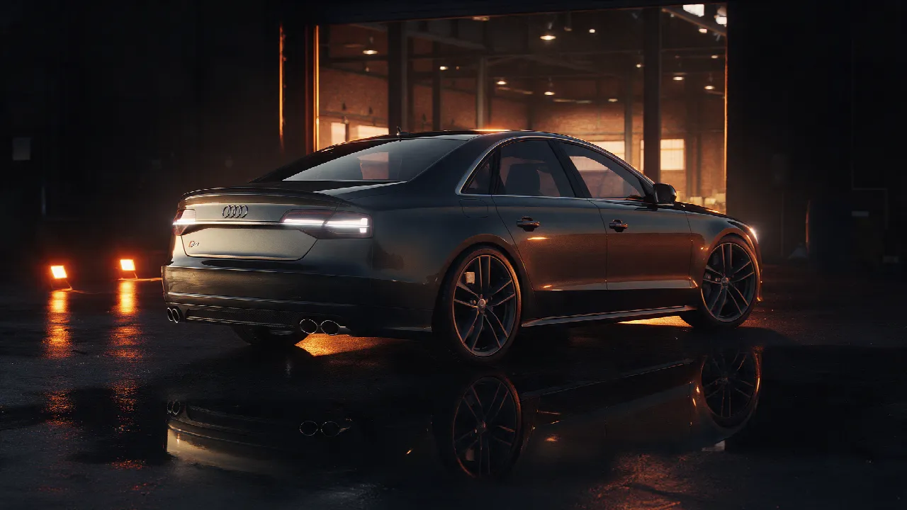 Donkergrijze Audi S8 in een donkere werkplaats