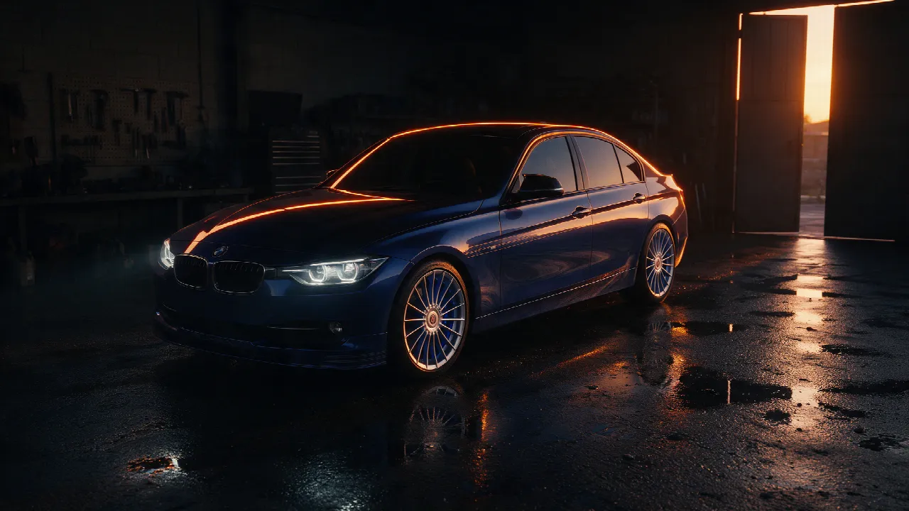 Donkerblauwe Alpina D3 in een donkere werkplaats