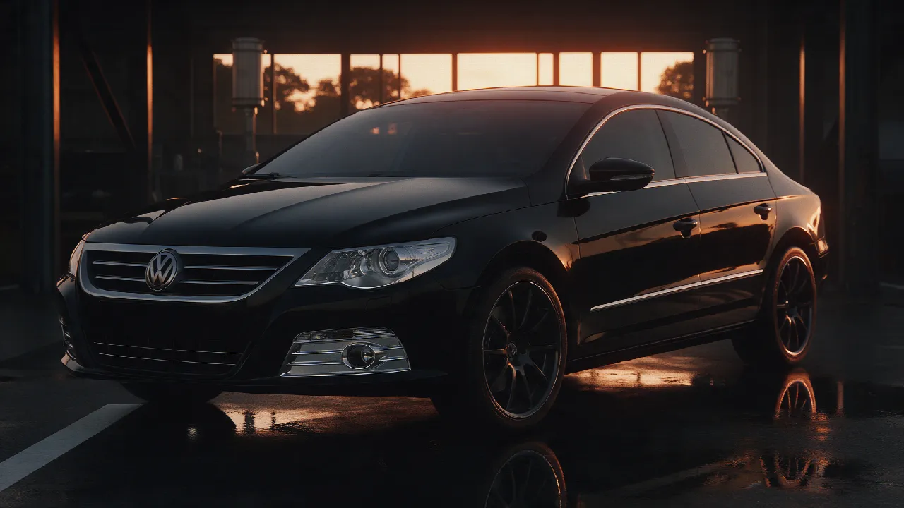 Zwarte Volkswagen Passat CC in een donkere werkplaats