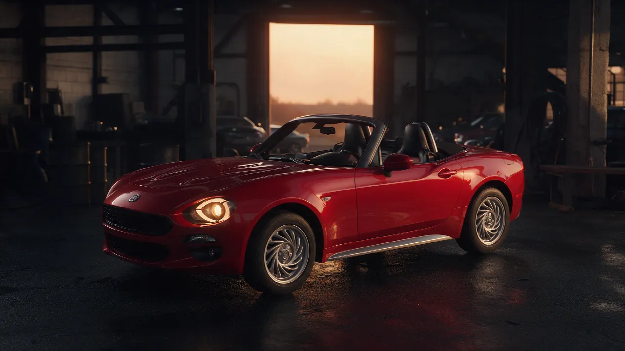 Rode Fiat 124 Spider in een donkere werkplaats bij schemering