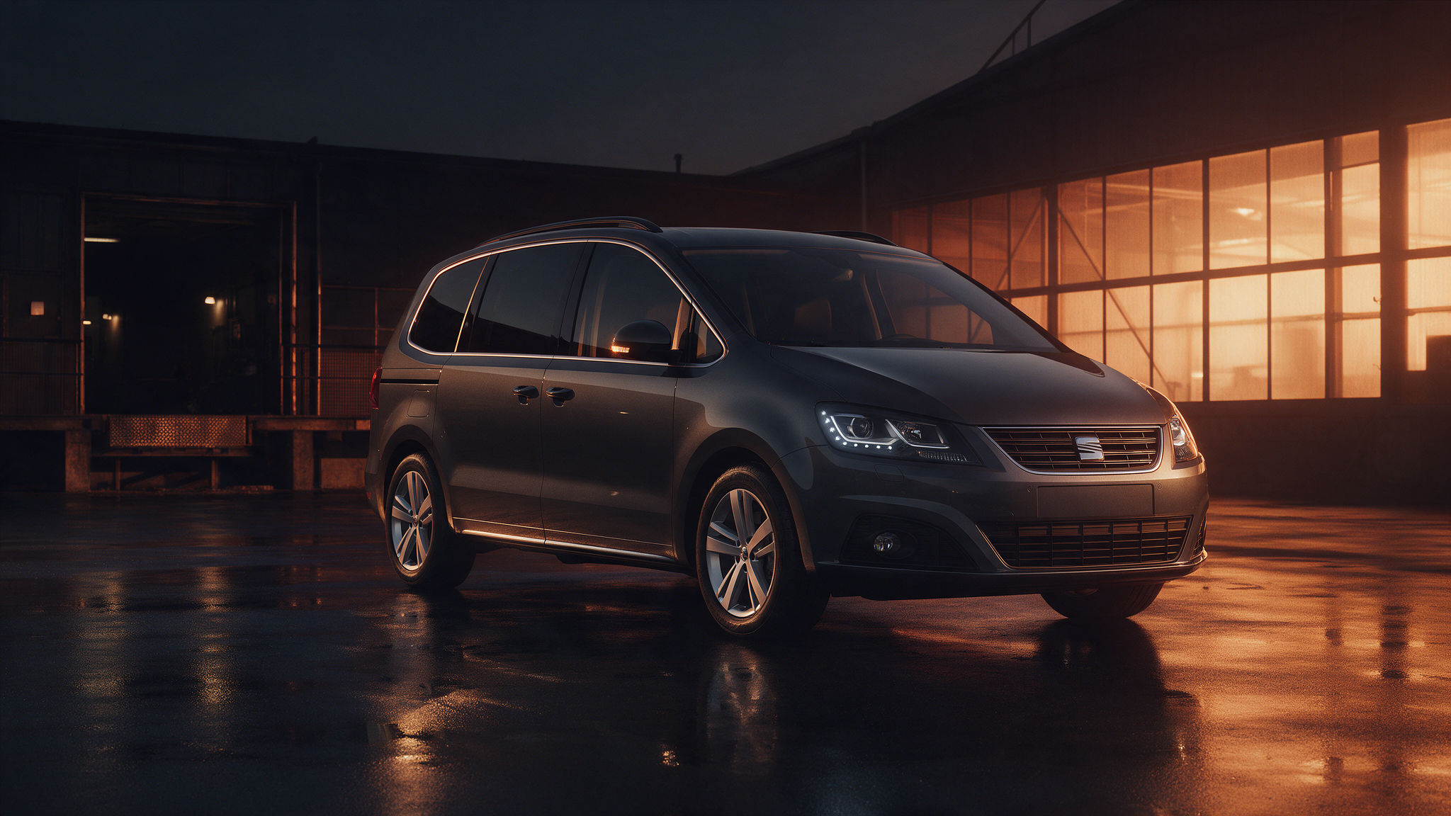 Seat Alhambra MPV in een donkere werkplaats bij schemering