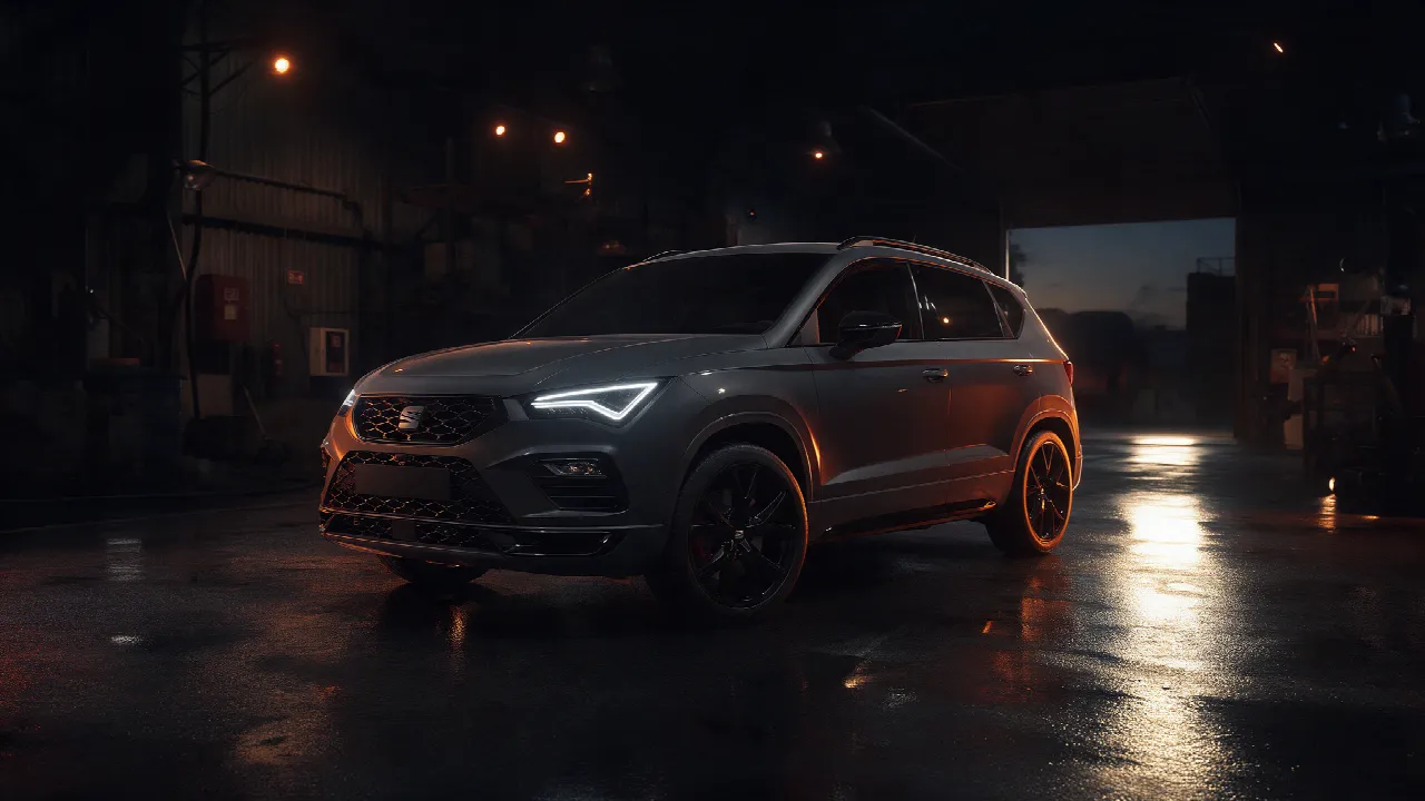 Seat Ateca FR in grijs in een donkere werkplaats bij schemering met oranje randverlichting