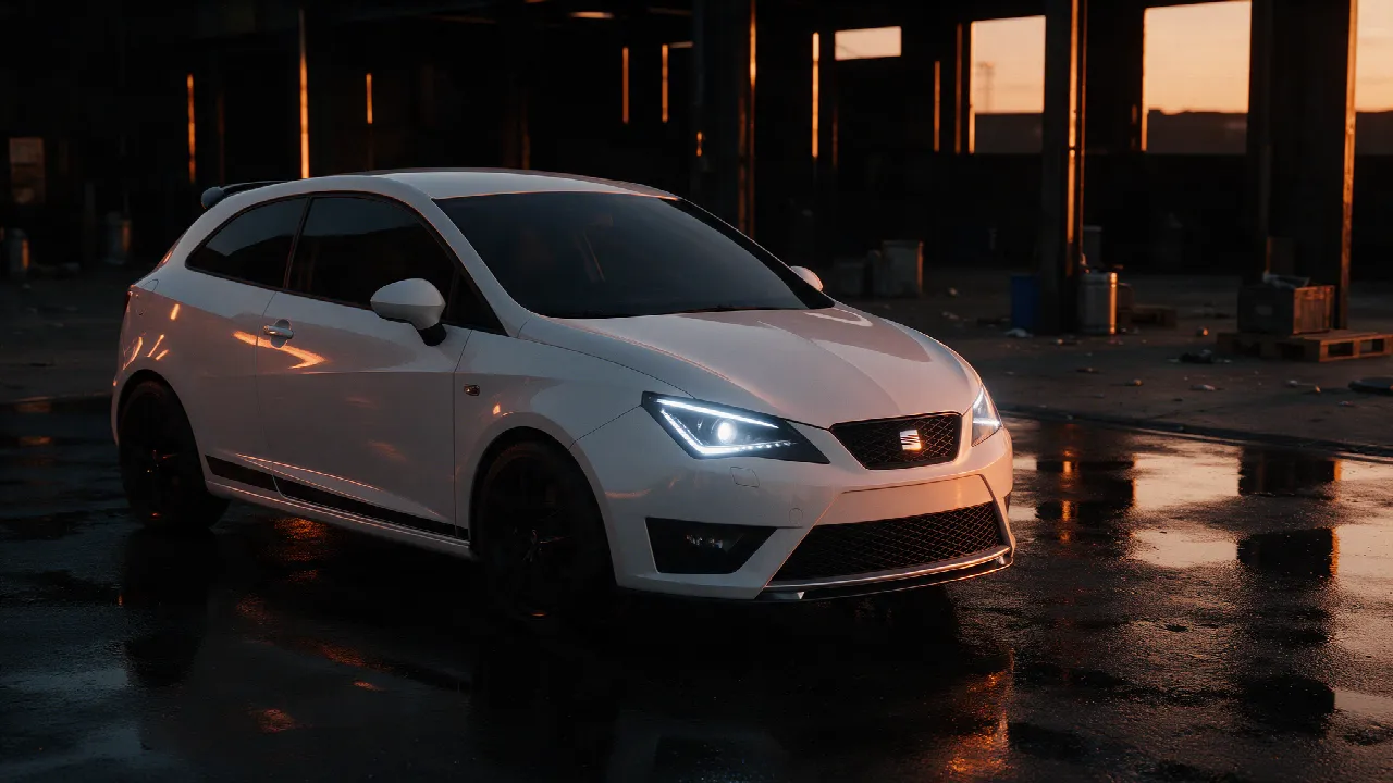 Witte Seat Ibiza 6J FR in donkere werkplaats